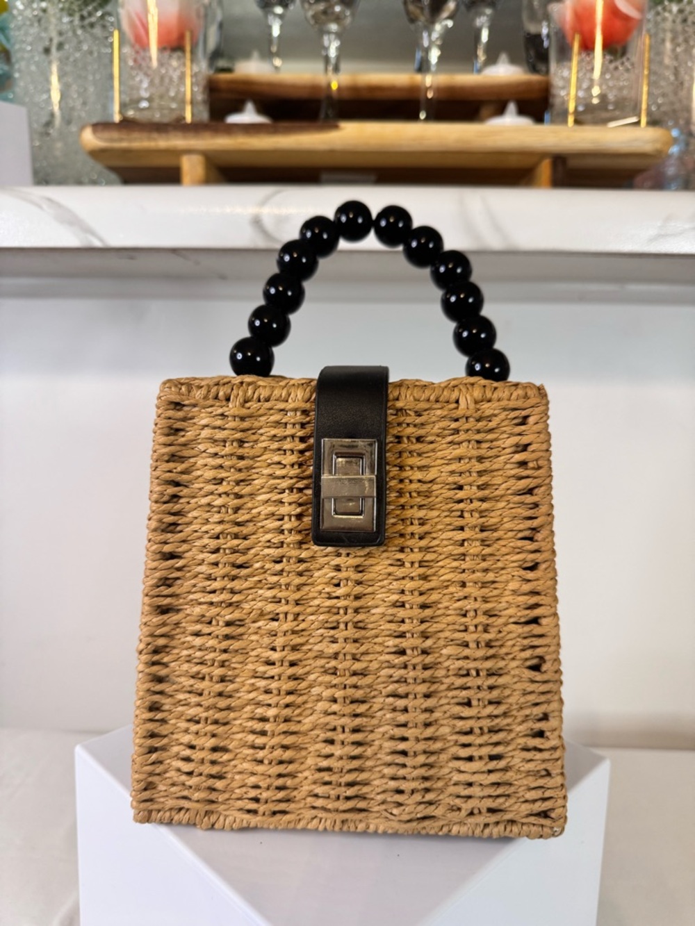 Woven Straw Bead-Handle Tote - Black & Natural Summer Bag